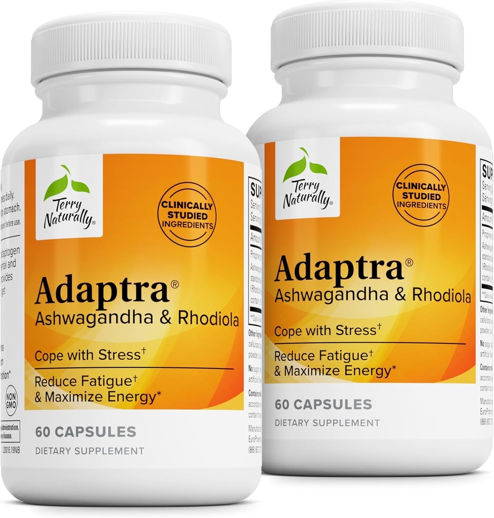 Terryho přirozeně Adaptra - doplněk k podpoře zdraví nadledvin - Ashwagandha dodatek s Rhodiola Rosea Extract - Bylinný dodatek k podpoře energie a koncentrace - 60 Kapsle (Balení po 2)