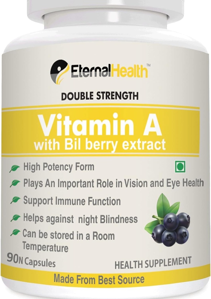 Eterna.l-Health Vitamin A (Double Strength) s bilberry extracts a Retinyl Palmitate extracts - High potency Form - Podporuje zdravé vidění & imunitní systém a zdravý růst - 90 Veg Kapsle