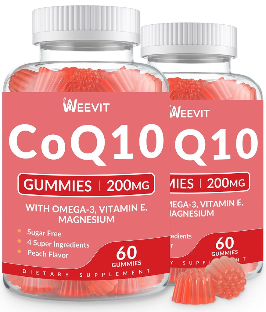 Sugar Free CoQ10 Gummies 200 MG, Coenzym Q10 (Ubiquinon) Gummies pro dospělé, Co Q10 dodatek s Omega-3, hořčík, energie, podpora mozku