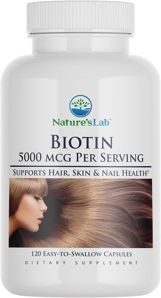 Přírodní laboratoř Biotin 5000 mcg - Promotes Zdravé vlasy, kůže a nehty - 120 Kapsle (4 Měsíční dodávky)