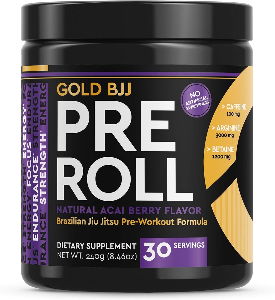 Gold BJJ PreRoll - Jiu Jitsu Pre Workout Dodatek pro energii, Focus, a Vytrvalost - Bojová umění Specifické Předpoklady cvičení Powder Formule s přírodními příchutí (Acai Berry, 30 Služeb)