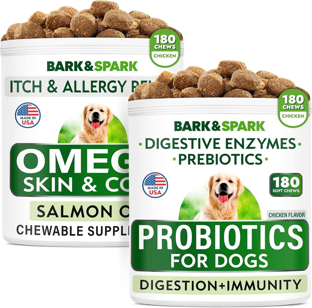 Pes Probiotika Žvýkačky + Omega 3 pro psy Bundle - plyn, Průjem, Zácpa, Upset Žaludeční Relief + Alergie a Itch Relief - Trávicí Enzymy + Prebiotika + Omega 3 - Podpora kůže a srsti