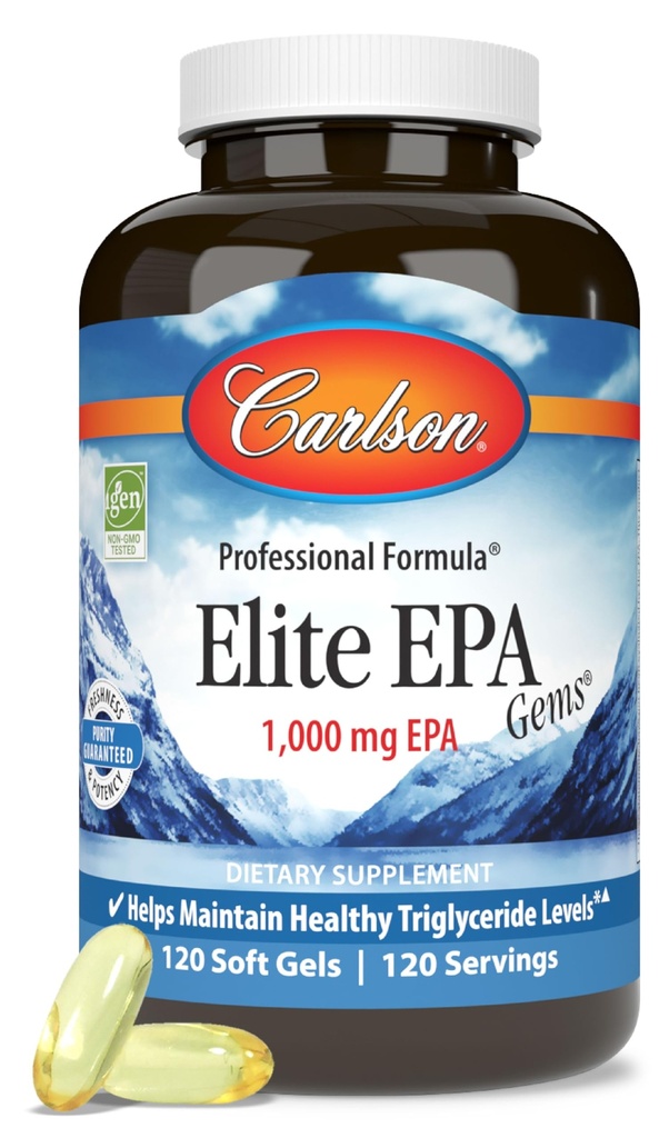 Carlson - Elite EPA Gems, 1000 mg EPA Fish Oil, Wild- Caught, Norský rybí olej, Udržitelně sourced, Pomáhá udržet zdravé hladiny triglyceridů, 120 Softgels