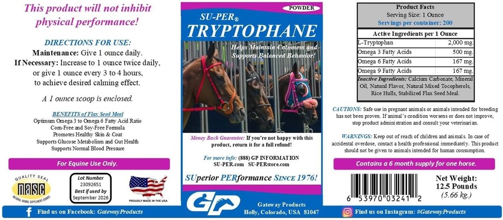 SU-PER Tryptophane Horse Calming Dodatek - Udržovat klid a podporu vyrovnané chování - 12.5 Pounds, 6 Měsíce Dodávka