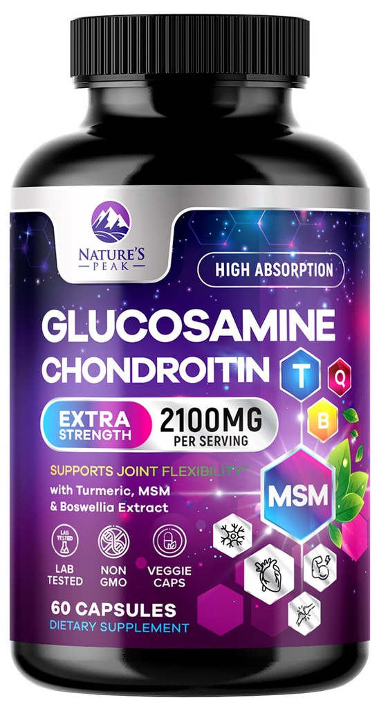 Glucosamine Chondroitin MSM Joint Supplement 2100mg - s Glucosamine Sulfath, Turmeric, Boswellia, Quercetin & Bromelain - Příroda je extra pevnost flexibility, mobilita a společná podpora, 60 Kapsle