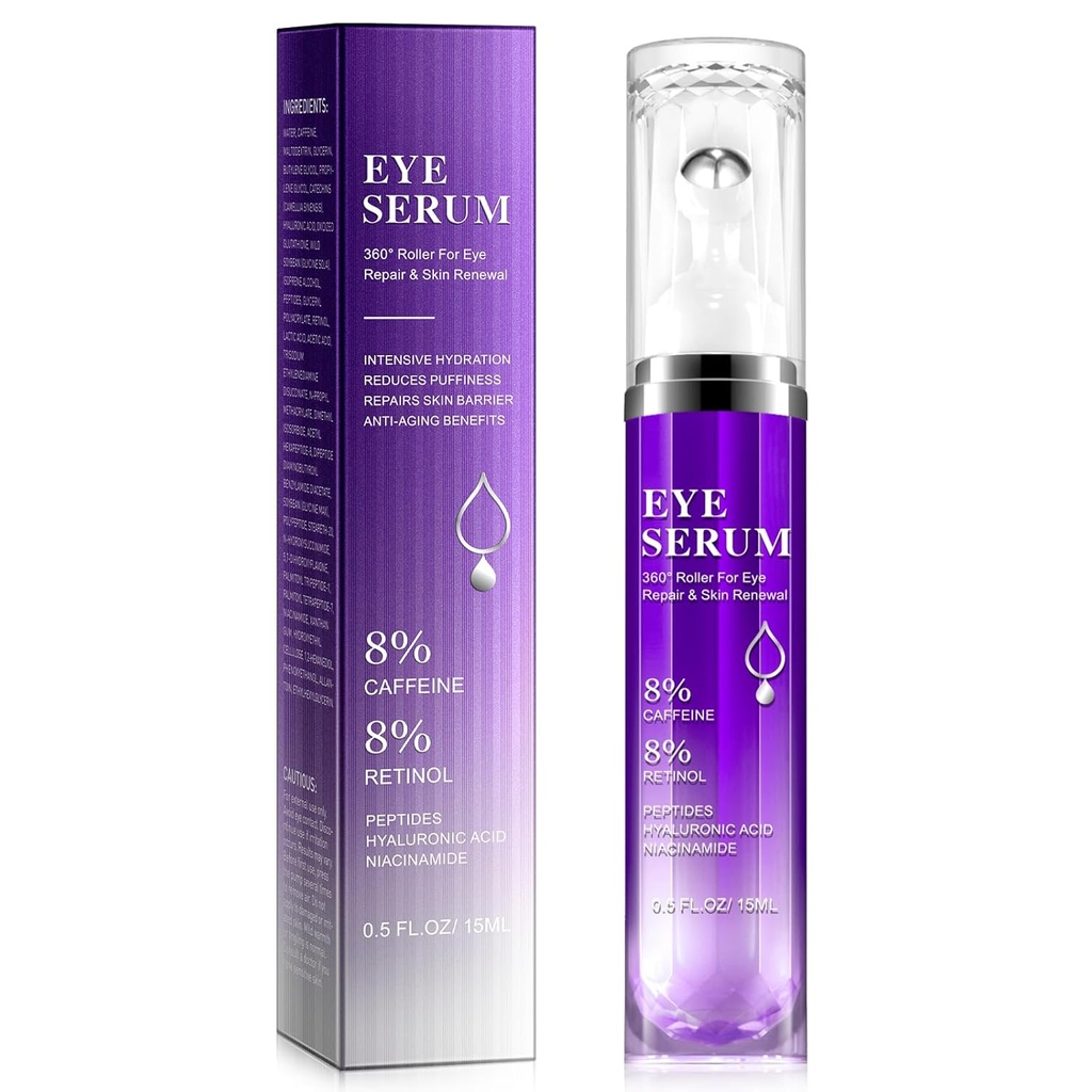 Pod Eye Roller Serum - 8% kofein & 8% Retinol Eye Cream pro tmavé kruhy, Puffness a tašky, Puffy sáčky jemné linky vrásky, 360 ° Masáž Ball krém, Hyaluronic kyselé sérum pro muže a ženy