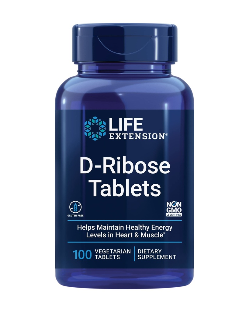 Life Extension D- Ribose Tablety, Plus vápník, Pomáhá udržet zdravé energetické úrovně v srdci a svalů, Povzbuzuje výrobu ATP, gluten- Free, Non- GMO, Vegan, 100 Vegetariánské Tablety