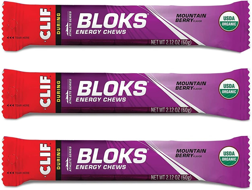 CLIF BLOKS - Energy Chews - Mountain Berry - Non- GMO - Rostlinné potraviny - Rychlé palivo pro cyklistiku a běh -Workout Snack (2.1 Ounce Packet, 3 Počet)