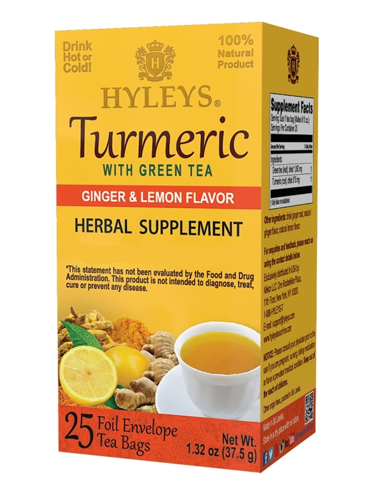 Hyleys Ginger Turmeric Tea Lemon Flavor - 25 Tea Bags (12 Pack - 300 Tea Bags Celkem) - Wellness Bylinný doplněk Zelený čaj