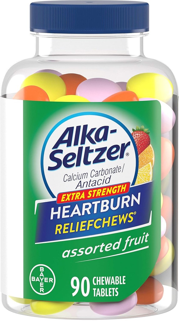 Alka- Seltzer Extra Strength Heartburn ReliefChews - Relief Heartburn, acid Ingestion and Sour Stomach - Asgrid Lemon, Orange Strawberry Flavors - 90 Počet
