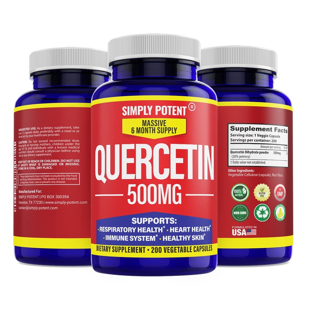 Jednoduše Potent Quercetin doplňky, Quercetin 500mg 200 Kapsle, 2 X Quercetin 250mg Phytosome Bioflavonoid Antioxidant Vegan gluten zdarma pilulky na podporu zdravé buněčné srdce a imunitní funkce