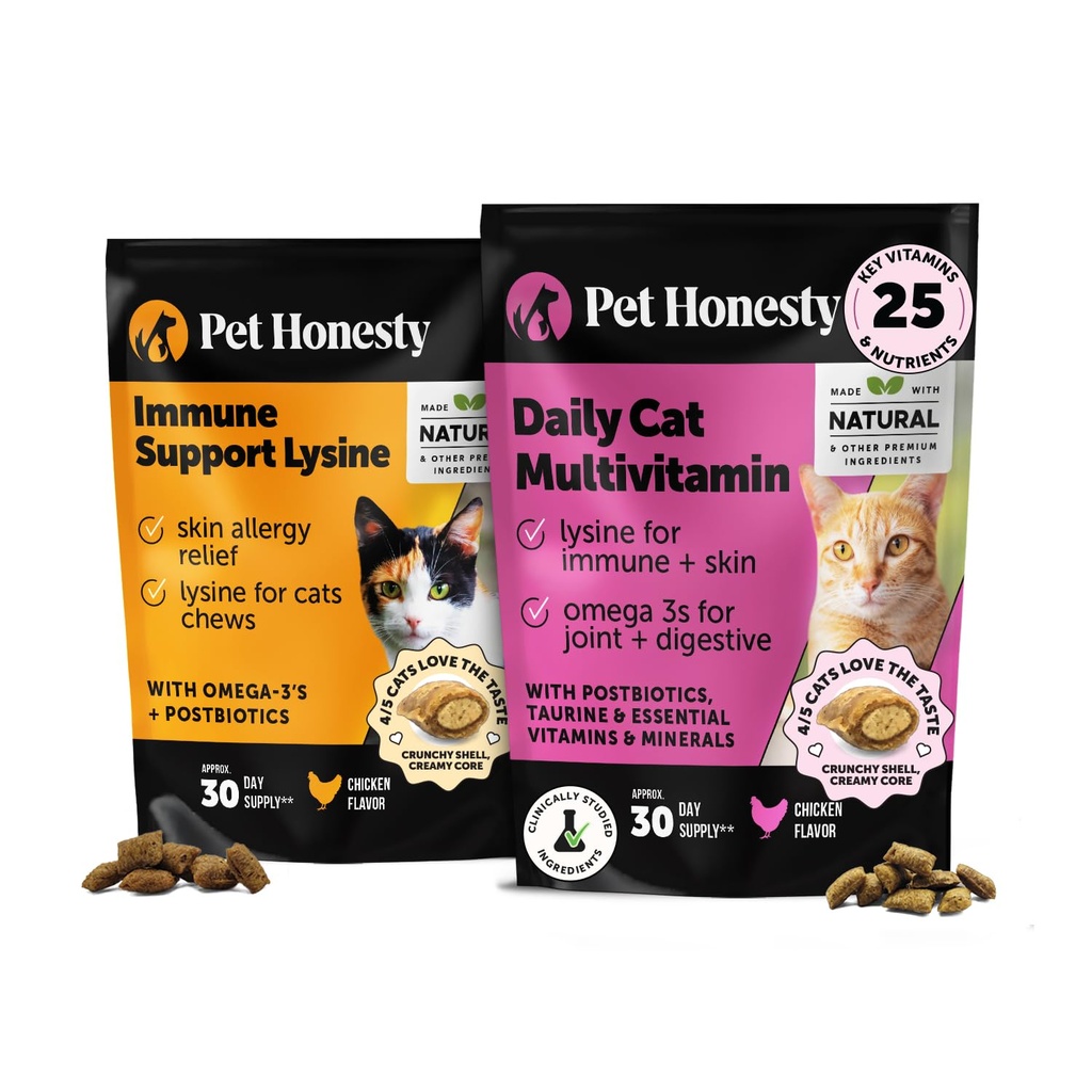 Cat Multivitamins + Imunitní podpora Lysin Dual Texture Chew Supplement Bundle - Podporuje celkové imunitní zdraví, spony, kůže & coat, a Cat alergie Relief - Nuzny Nose