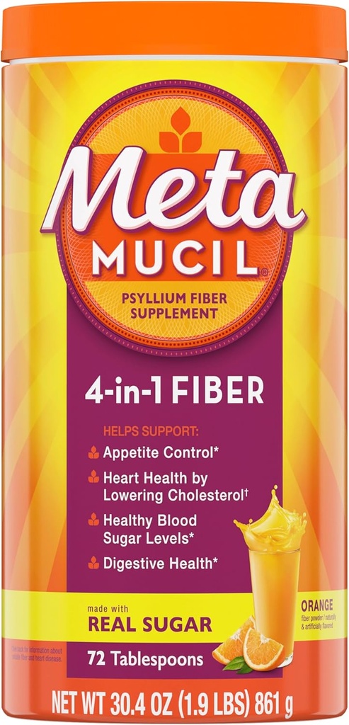 Metamucil 4- in-1 Psylium Husk Fiber Supplement, Real Sugar, 72 polévkové lžíce, Oranžová ochucená, Denní Vláknina prášek pro stravitelné zdraví, vyrobený s Plant- based Psylium Husk Fiber