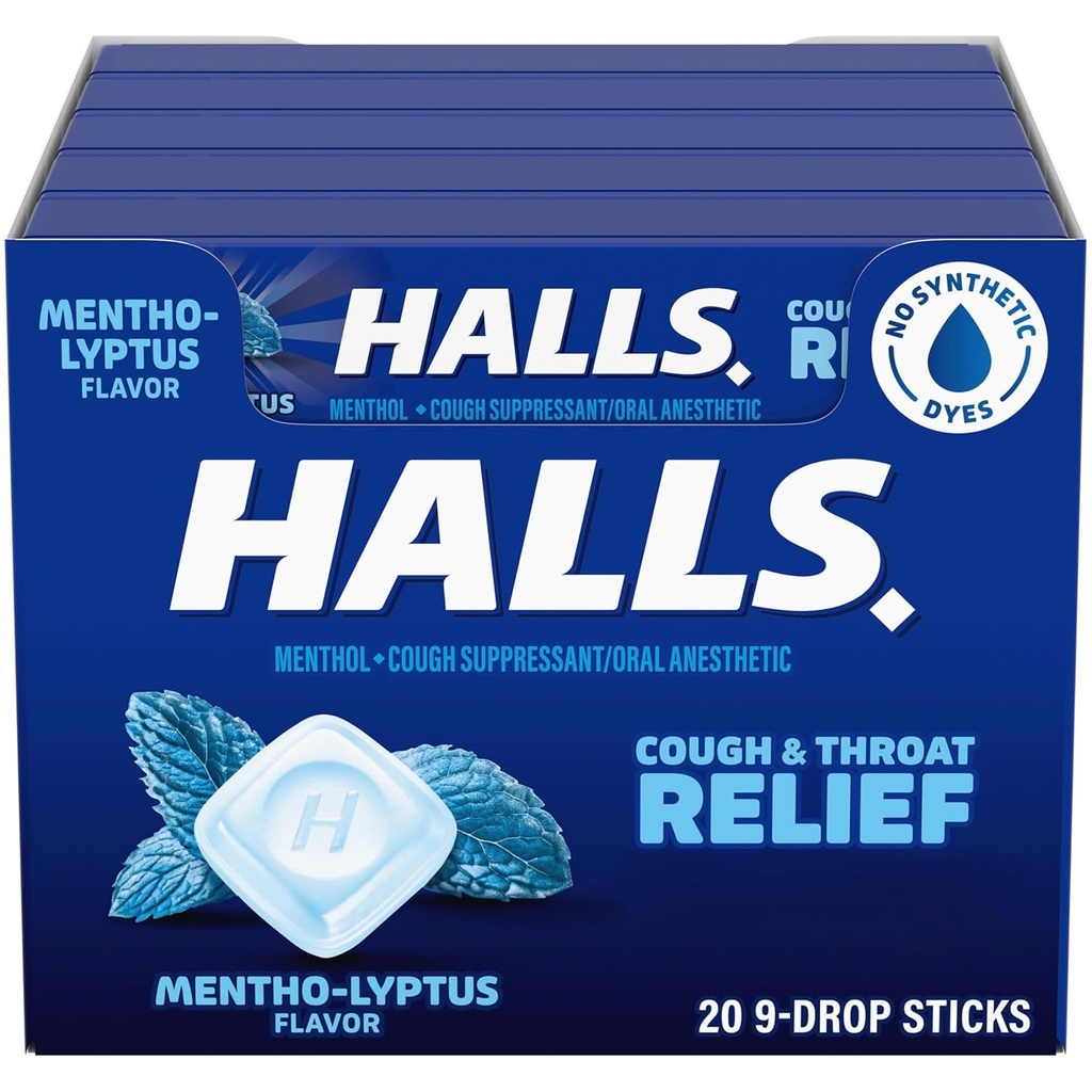 HALLS Kašel a útlum hrdla Mento- Lyptus Kašel Kašel Drops, 20 Sticks of 9 (180 Total Drops)