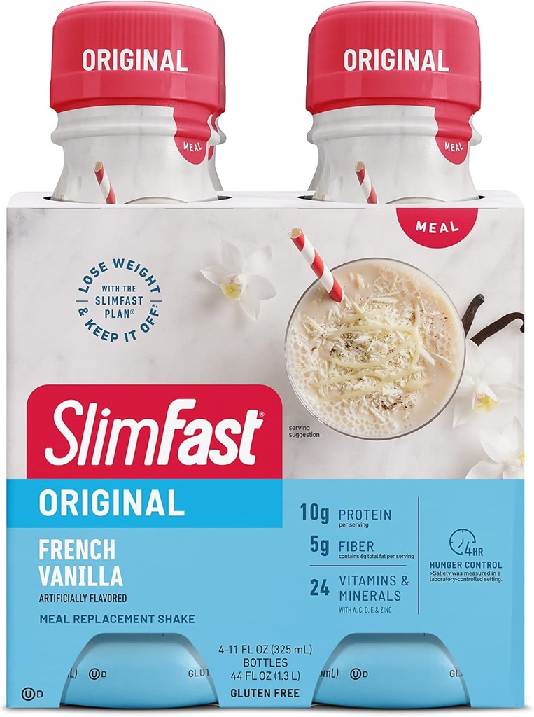 SlimFast Meal Replacement Shake, Original French Vanilla, 10g of Ready to Drink Protein for Weight Loss, 11 Fl. Oz Bottle, 4 Count (Balení květen Vary)