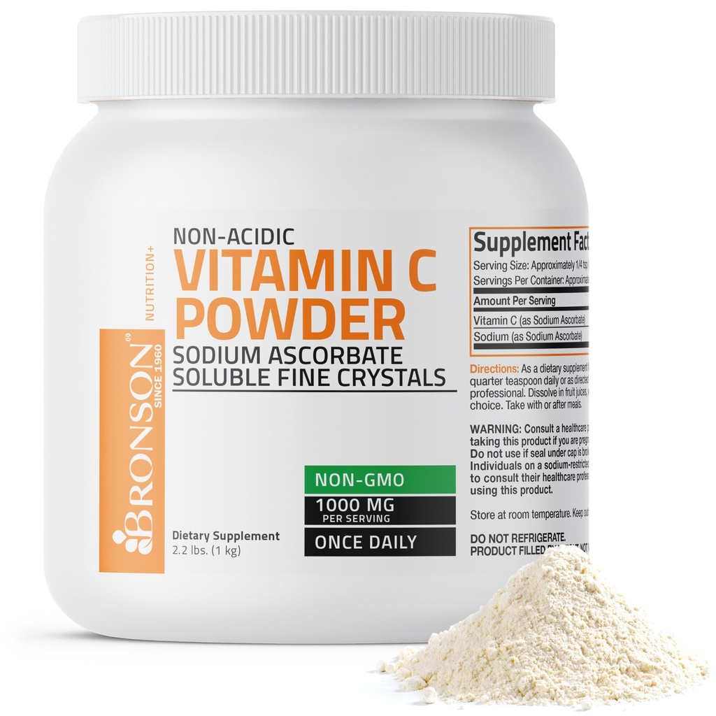 Bronson Non Acidic Vitamin C Prášek Ascorban sodný NeGMO Rozpustné Jemné krystaly - Zdravý imunitní systém, Antioxidant a buněčná ochrana, 1 kilogram (2.2 lbs, 35.3 Ounces)