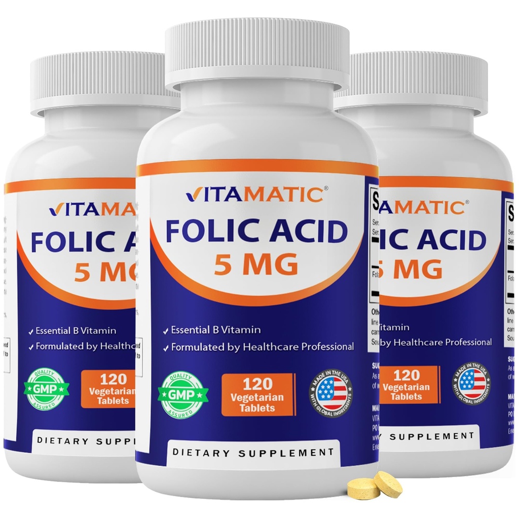 Vitamatická kyselina listová 5mg (5000 mcg) - 120 Vegetariánských tablet na láhev - vitamín B9 (folát) - 3- balení 5mg (5000 mcg); celkem 360 tablet