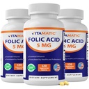 Vitamatická kyselina listová 5mg (5000 mcg) - 120 Vegetariánských tablet na láhev - vitamín B9 (folát) - 3- balení 5mg (5000 mcg); celkem 360 tablet