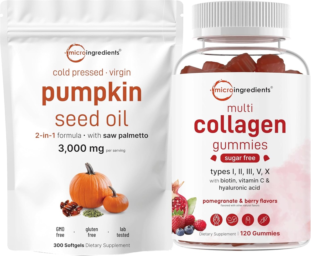Mikro ingredience Pumpkin Seed Oil s pilou Palmetto 3,000mg Softgels & Multi Collagen Peptide Gummies Uf 124; 2 balení 124; Cold Pressed Virgin Oil UI 124; Sugar Free + Biotin, Hyaluronic acid, a vitamin C Complex