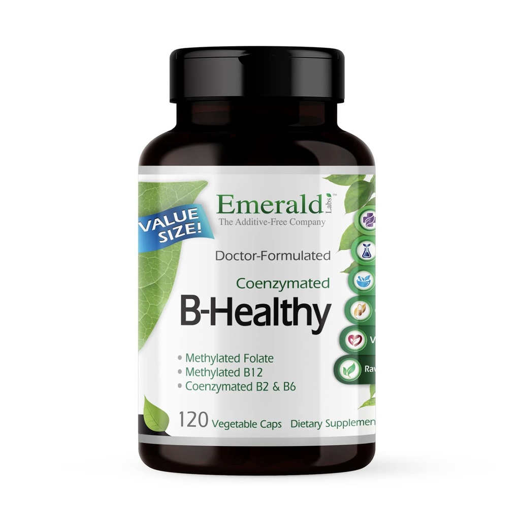 EMERALD LABS B- Health - Vegan Vitamin B Complex - Obsahuje methylované kyseliny listové a plné spektrum B vitaminy - podporuje imunitní, mozek & srdce zdraví * - 120 Zeleninové kapsle