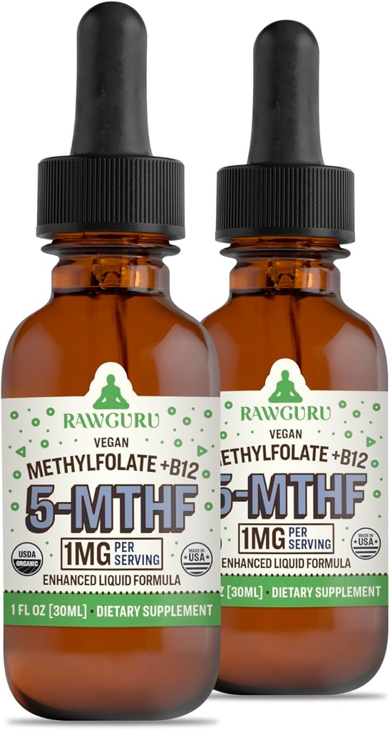 RawGuru Methylfolát 1mg + vitamin B12 - Organic Vegan Methylovaný B12 s stopovými minerály - Nano- Zpracovaná a vylepšená tekutá formule - 300 Podání Veganových kapek na 30 ml, balení po 2 ks