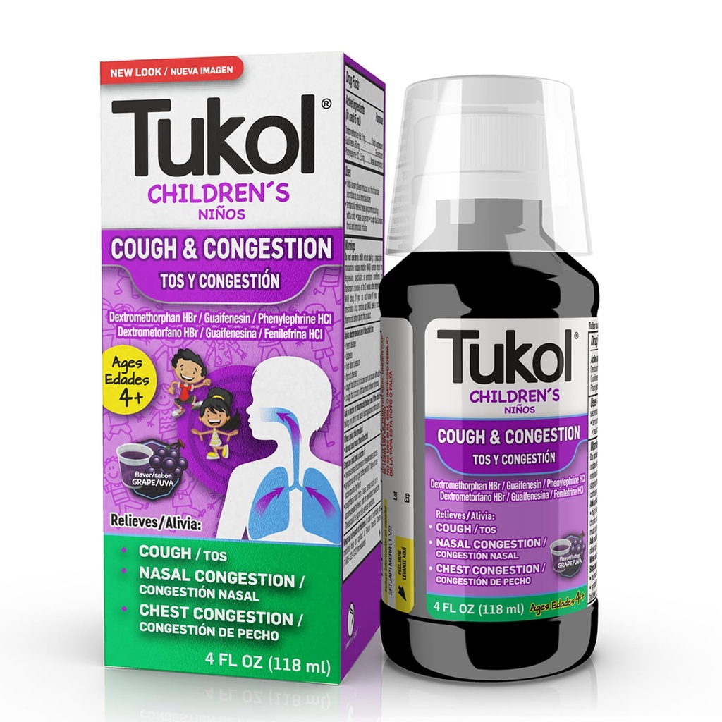 TUKOL Dětské kašel Medicína - Kašel & Congestion Relief, Chestal kašel Suppressant pro děti, Dětské studené a kašel Medicína, Děti Kašel Sirup pro věky 4 + Grape Flavor 4 FL OZ