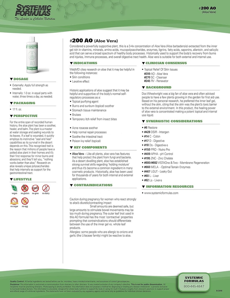 Systémové normy AO - Aloe Vera 16 Fl Oz BioExtract # 200. 3-4x Koncentrace Aloe Vera Extract z Inner Gel Rich. pro vnitřní a vnější použití.