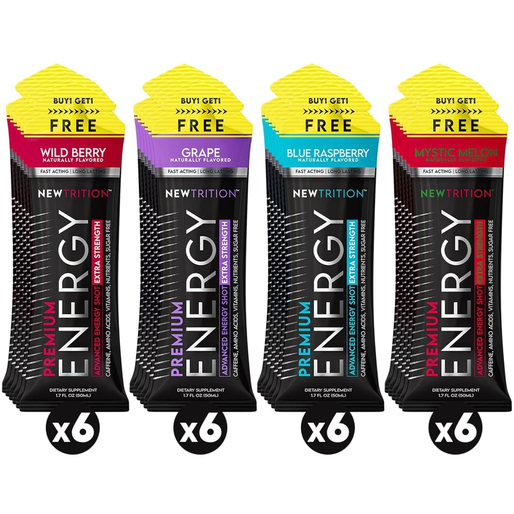 NewTrition ® Extra Strength Energy Shots 1.7 fl oz (Balení 24, 4 Flavors) - 250mg kofeinu s B Vitamíny & Amino Acids, Sugar- Zero Calorie Vitamin Energy Drink for Focus & Endurance (Mixed-1)