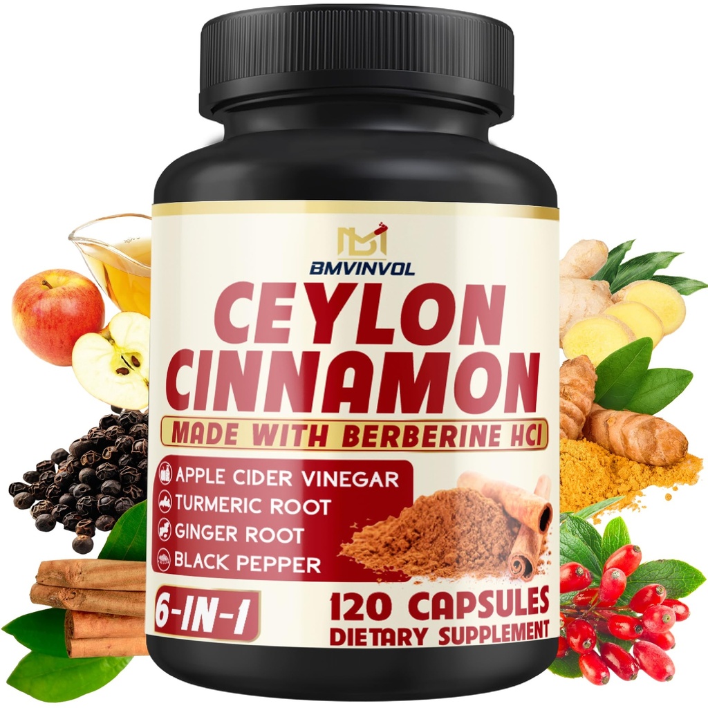 Ceylon Skořice Kapsle s Berberine HCl, jablečný ocet, kurkuma, ženšen, Black Pepper - 6in1 pro podporu imunitní funkce - 120 Počet