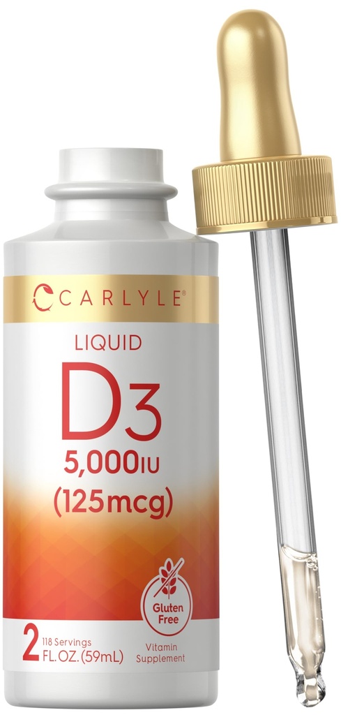Carlyle Liquid Vitamin D3 PHAR124; 5000 IU (125 mcg) OF 124; 2 OZ PHARMAR 124; Vegetarian, Non- GMO, a gluten zdarma doplněk PHAR124; Vitamin D Liquid Kapky pro dospělé