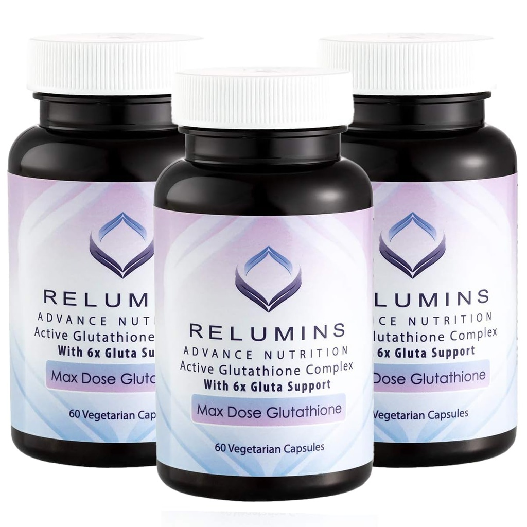 Relumins Advance White Active Glutathione Complex - maximální dávka 900mg Glutathione s 6X zesilovači, ALA & NAC - Anti- Aging Skin Brighting Supplement - 60 Caps x 3 Lahve