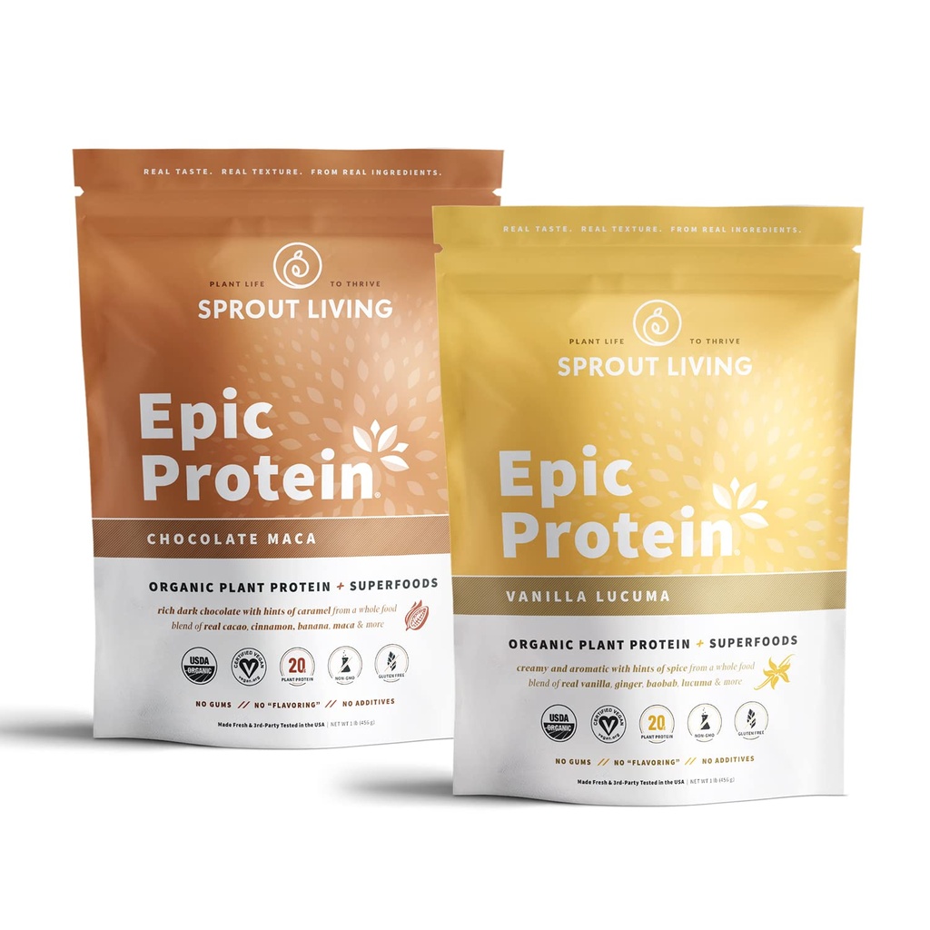 Sprout Living Epic Protein Bundle - Čokoláda Maca & Vanilla Lucuma (20g Organic Plant- Based Protein Powder, Vegan, Gluten Free, Superfoods)
