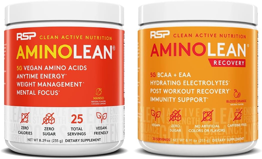 RSP NUTRITION Vegan AminoLean Pre Workout Energy (Mango 25 Servings) s AminoLean Recovery Post Workout Boost (Blood Orange 30 Servings)