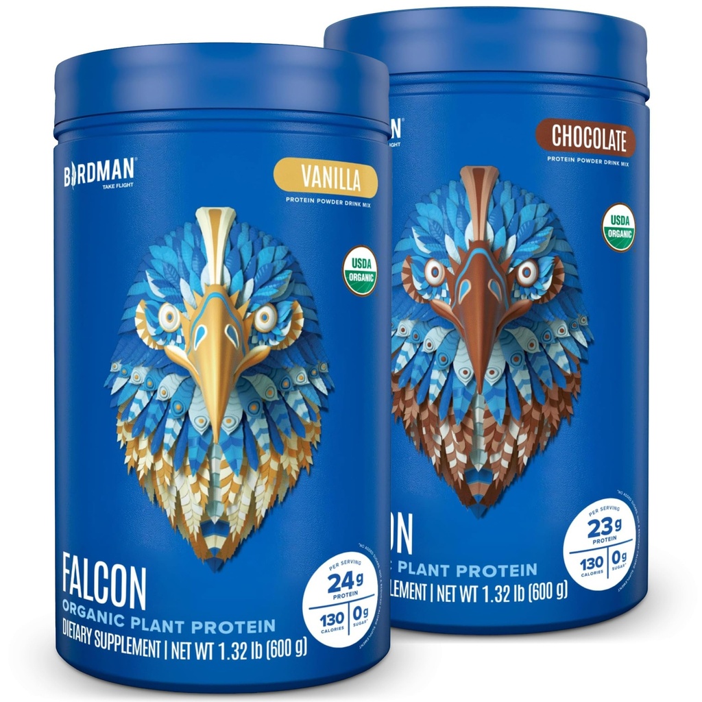 BIRDMAN Falcon Vegan Protein Powder Organic, Stevia & Sugar Free, Plant based, Low Carb, Dairy Free, Keto, Non Whey, Probiotic, Pea Protein Az124; Combo Pack: Vanilla & Chocolate Flavors - 20 Servings Each