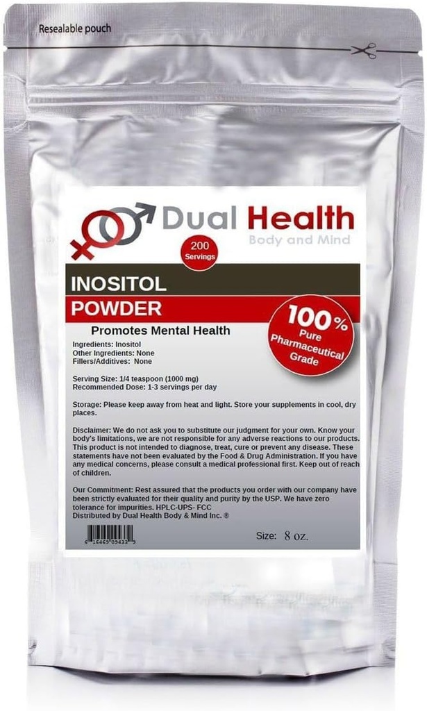 Dual Health Body & Mind Inositol Powder (8 oz) Čistý vitamín B8 Antioxidanty Bulk doplňky 1000mg na podání