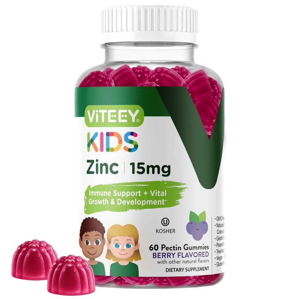 Viteey Zink pro děti žvejkačky, 15mg - Imunitní podpora - Výkonný přírodní antioxidant, Děti zink vitamin dodatek - Vegan, želatina zdarma, gluten zdarma - Chutné žvýkací Berry Flavor Gummy