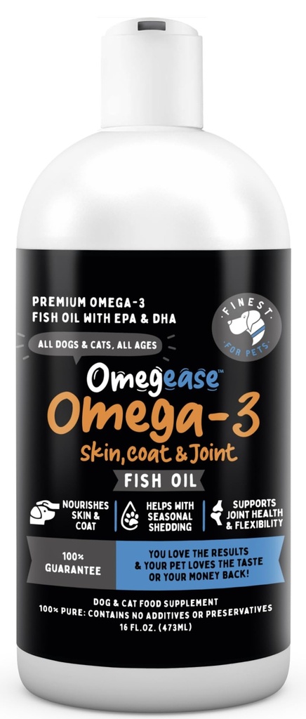 Omegeáza Rybí olej pro psy a kočky - Nejjemnější pro domácí zvířata Omega 3 pro kočky a psy - dodatek pro pleť & Coat, Svědění, prolévání, spony a imunitní zdraví - 100% čistý Omega rybí olej s EPA & DHA (16 oz)