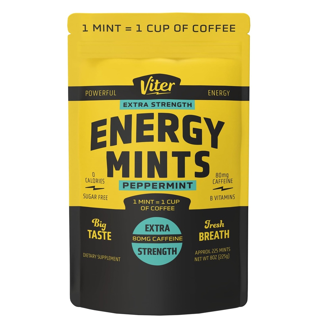 Viter Energy Extra Strength Caffeined Mints 80mg Caffeine, B Vitamíny, Cukr zdarma. (Pepermint, 8oz, Bulk Bag)