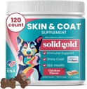 Solid Gold Omega 3 Rybí olej pro psy Měkké Žvýkačky - Kuřecí ochucená Omega 3 pro Psí pleť a zdraví kabátů - Vitamin C, E & Biotin Žvýkačky pro suchou pleť, Imunitní podpora & Itch Relief pro psy - All ages 120ct