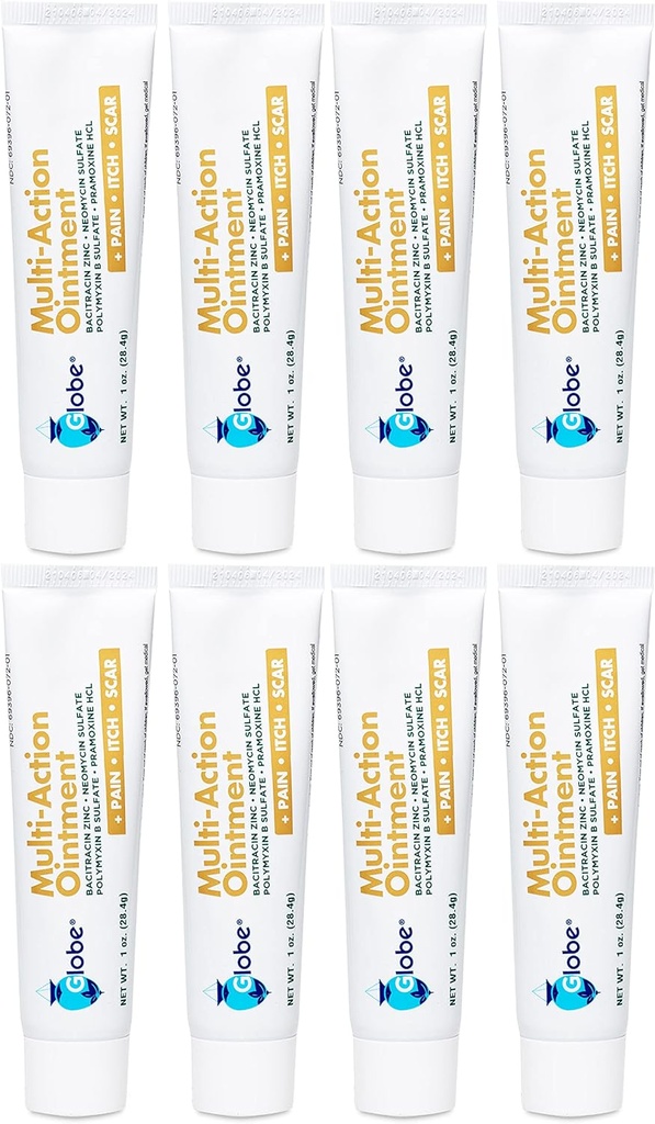 Globe Multi- Action Ointment CLAS124; Antibiotický Paint- Relieving, Anti- Itch, & Scar Minimizer CLAS124; First Aid Ointment with Neomycin, Bacitracin, Pramoxine HCl & Polymyxin B CLAS124; Ošetřuje malé kusy, Scraps & Burns (8)