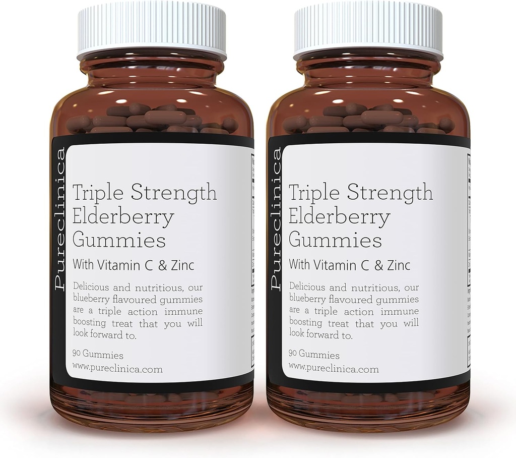pureclinica Triple Strength Immunication Support - Elderberry Gummies s vitamínem C & Zinek x 180 Gummies (2 láhve 90) - až 6- Months Supply!