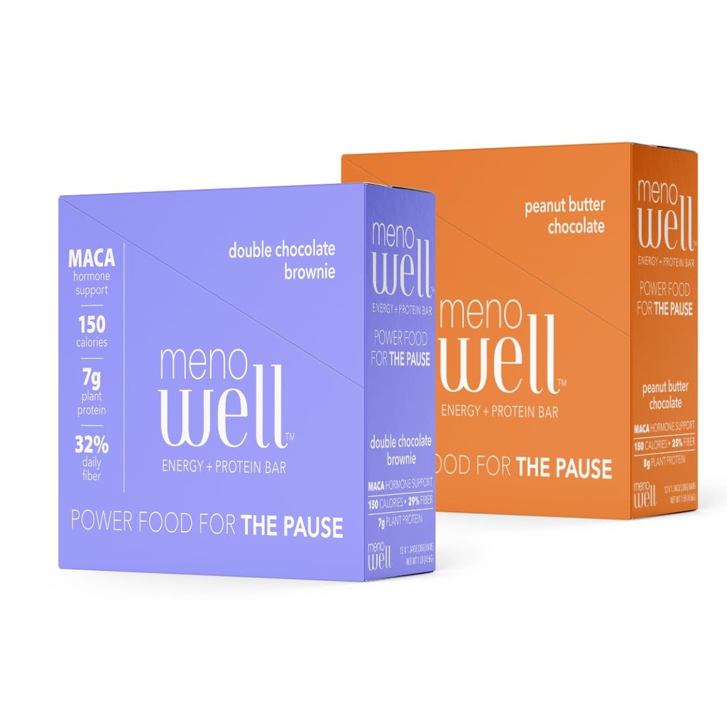 MenoWell Menopause Energy and Protein Bars for Women (Formely Bossa Bar), Double Chocolate Brownie (10 hrabě) a Burákové máslo Chocolate (10 hrabě), High Fiber and Protein, 20 Hrabě (1 Krabice od každého)