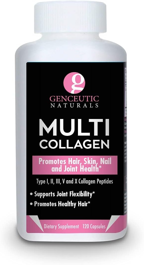 Gencurals Naturals Multi Collagen Kapsle Typy I, II, III, V & X - 120 Veg Caps -pro zdravé vlasy kůže, nehtů 1500mg Non- GMO, Pasture- vychované, klec zdarma a krutost Free Source