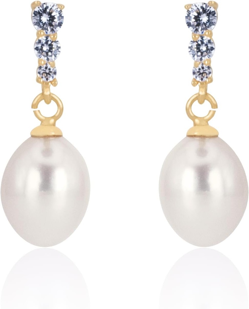 18K Gold pokovené Sterling Silver Dangle White Drop Ručně vybraná kvalita Freshwater kultivované Pearl svatební náušnice s kubickými zirkoniovými krystaly Pearl Bridal Náušnice šperky pro nevěsty