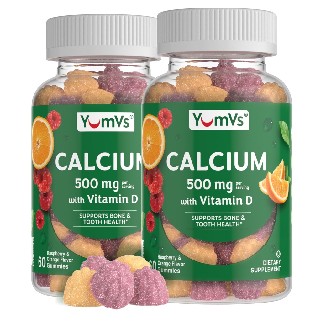 YumVs vápník 500 mg s vitaminem D3 - Maliny a pomerančové aroma vápník vitamín D gumy, žvýkací doplněk vápníku pro děti a dospělé, vitamín D vápník gumy (60 Počet (balení po 2))