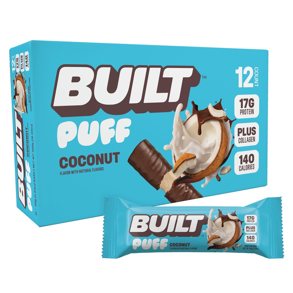 Postaven Bar, Puff Protein Bary, Kokosový Puff, 17g Protein Snacks, On-The- Bary, Pouze 140 kalorií, 6g cukru, kolagen, gluten zdarma, 12 Počet
