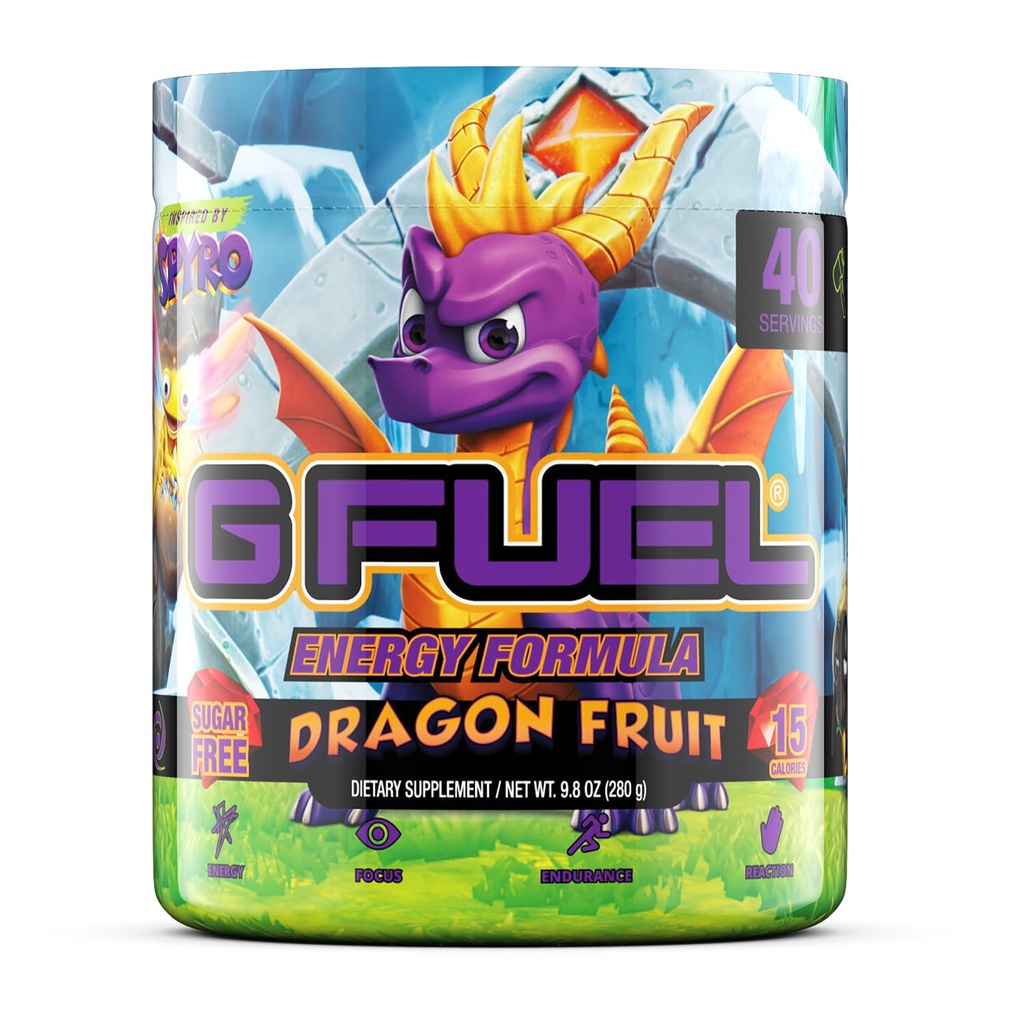 G Palivo Spyro Dragon Energy Drink Powder, Pre Workout Kofein Mix pro hraní her, Cukr Free Focus Amino, Vitamin + Antioxidanty, 9.8oz (Dragon Fruit, 40 Služeb)