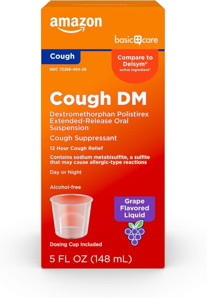 Základní péče 12 hodin Kašel DM Syrup, Extended- Release Dextromethorfan, Grape Flavor Liquid Medicine, 5 fl oz (balení po 1)