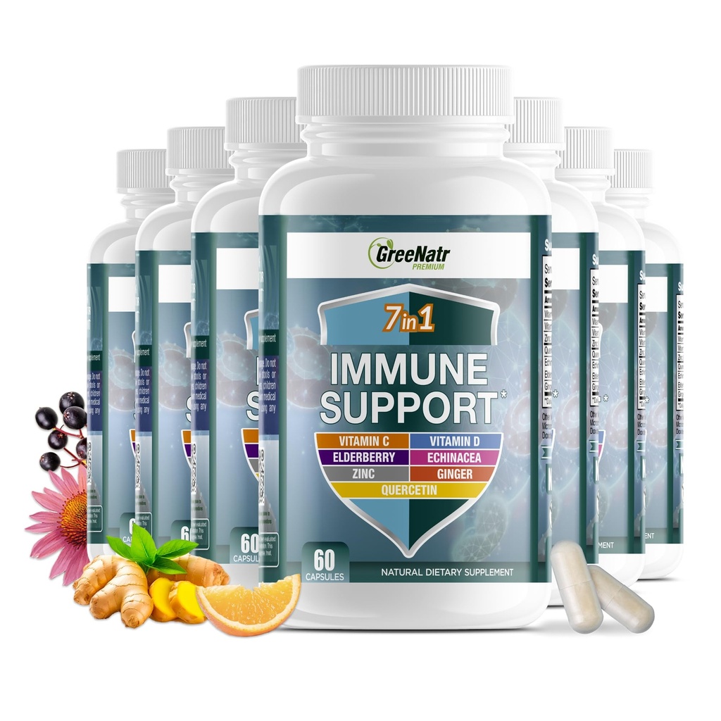 GreeNatr 7 v 1 doplněk imunitní podpory s vitamínem C, Vitamin D3, zinek 50mg, Quercetin, Echinacea Purpurea, Sambucus Elderberry a Ginger pro kompletní imunitní obranu - 60 Kapsle (12 Lahvičky)