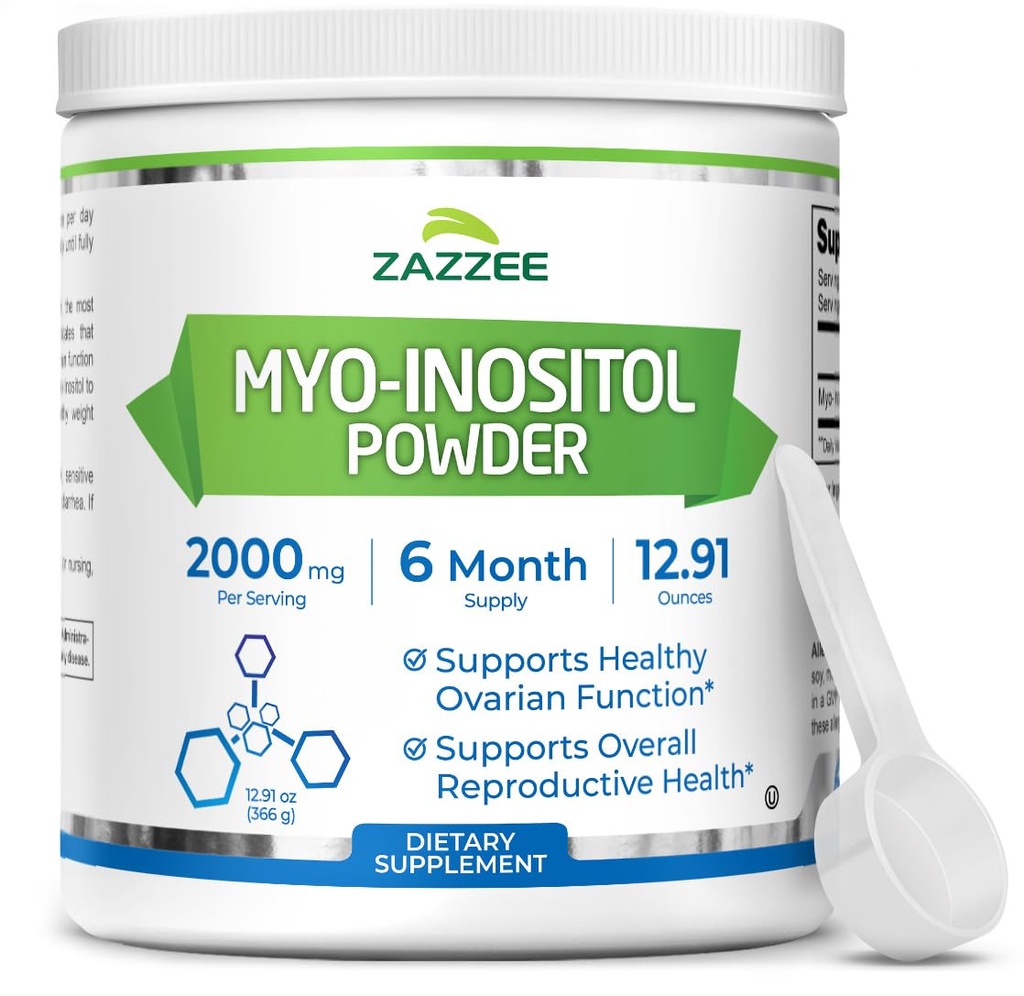 Zazzee Myo-Inositol Powder, 6 Měsíční dodávky, 183 Servings, 2000 mg per Serving, Volný Scoop pro přesné dávkování, 12.91 Ounces, 100% čisté, All- Natural Fertility and Reproductive Support, Vegan, Non- GMO